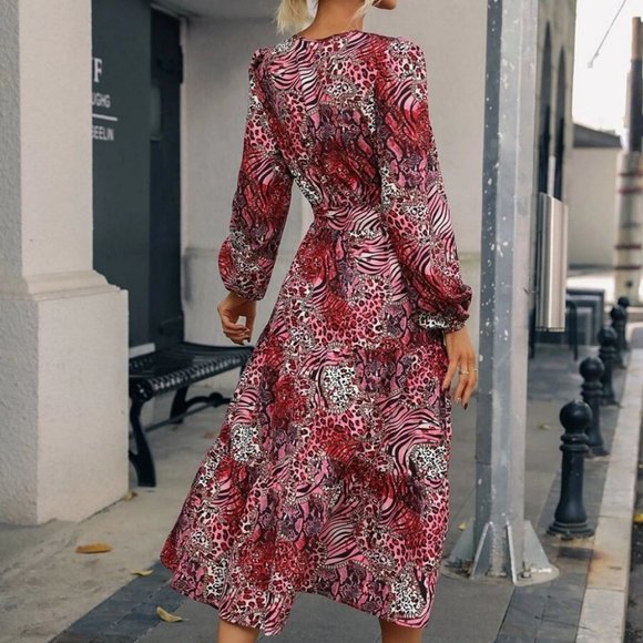 Animal Print Striped Layered Hem Belted Dress - Picture 7 of 7